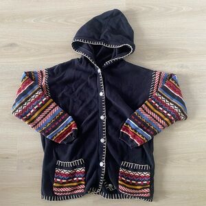 Womens Vintage Navy Hooded Jacket with Multicolor Patterned Sleeves Size M
